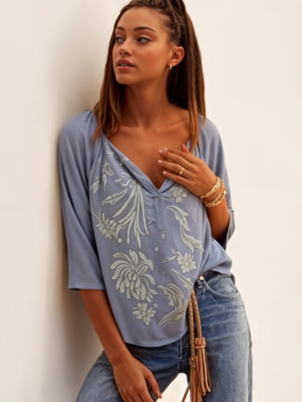 Anthropologie Tiny Gray Embroidered 3/4 Sleeve Popover Top